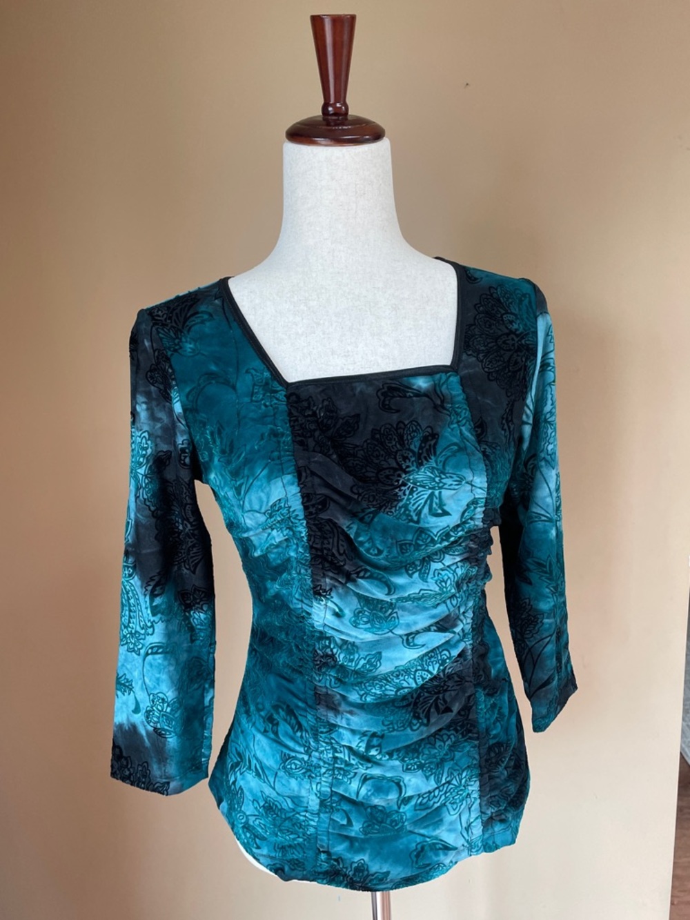 Sami & Jo Ruched Fitted Velvet Burnout Top‎ Fairy Grunge Whimsigoth Blue Paisley